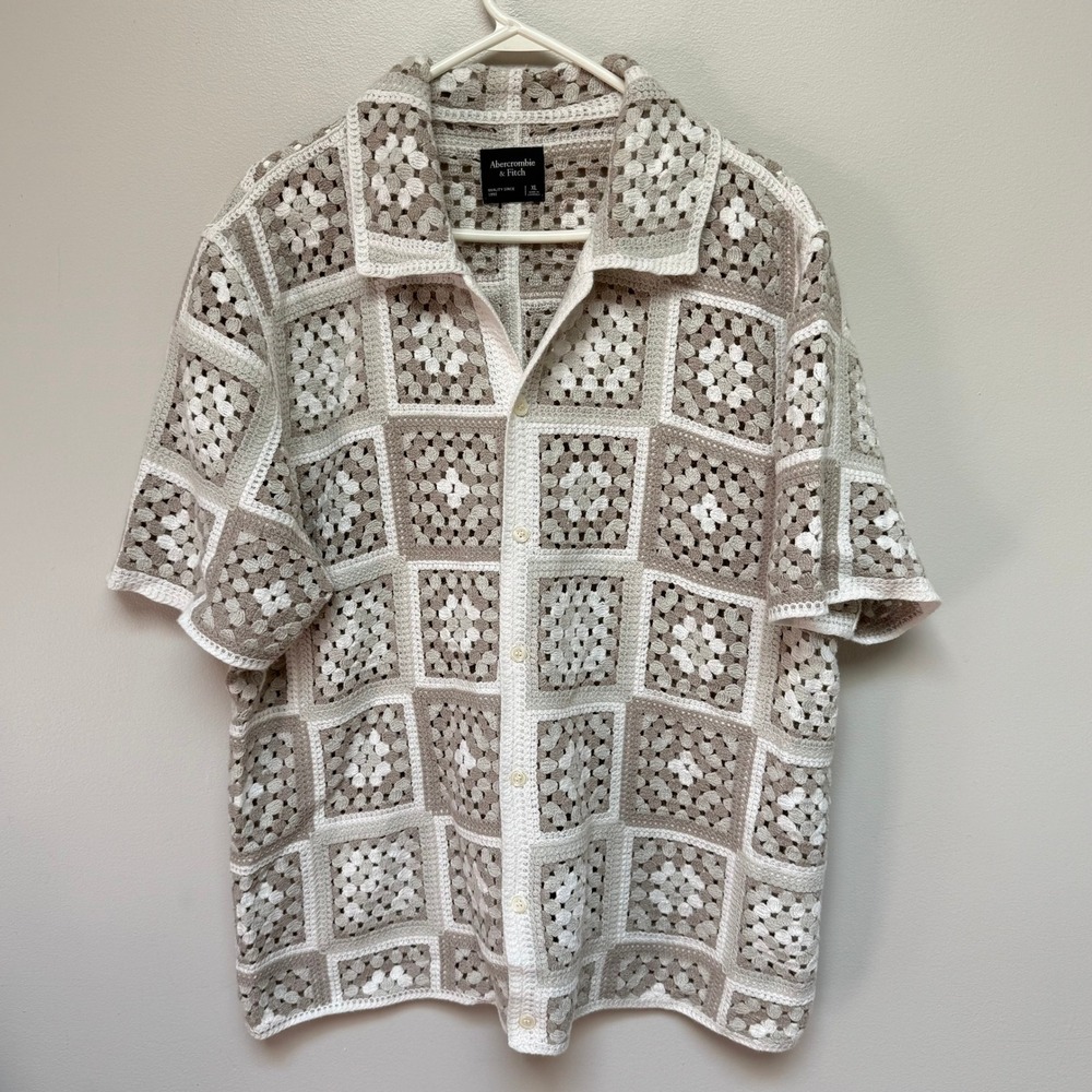 Abercrombie & Fitch Crochet Button Shirt Mens XL Tan Granny Square Knit